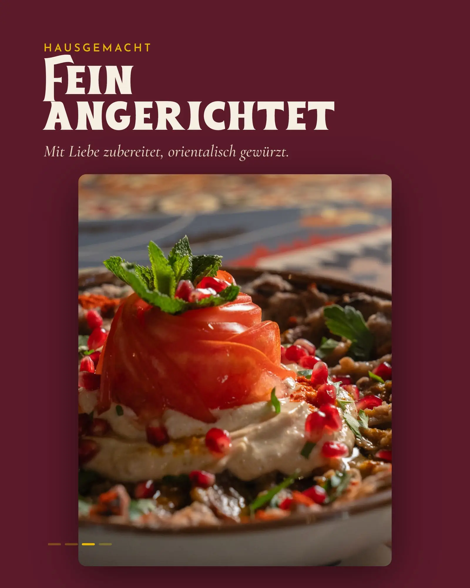 Speisekarten-Seite „Fein angerichtet“ im Babylon-Look mit Foodfoto