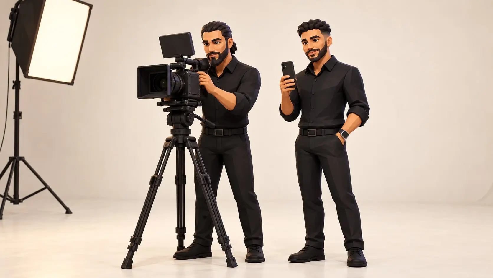 Illustration: Arif hinter der Kinokamera, Ramy mit dem Handy im Studio
