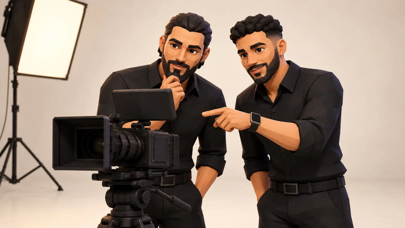 Illustration: Arif und Ramy prüfen eine Einstellung am Kameramonitor