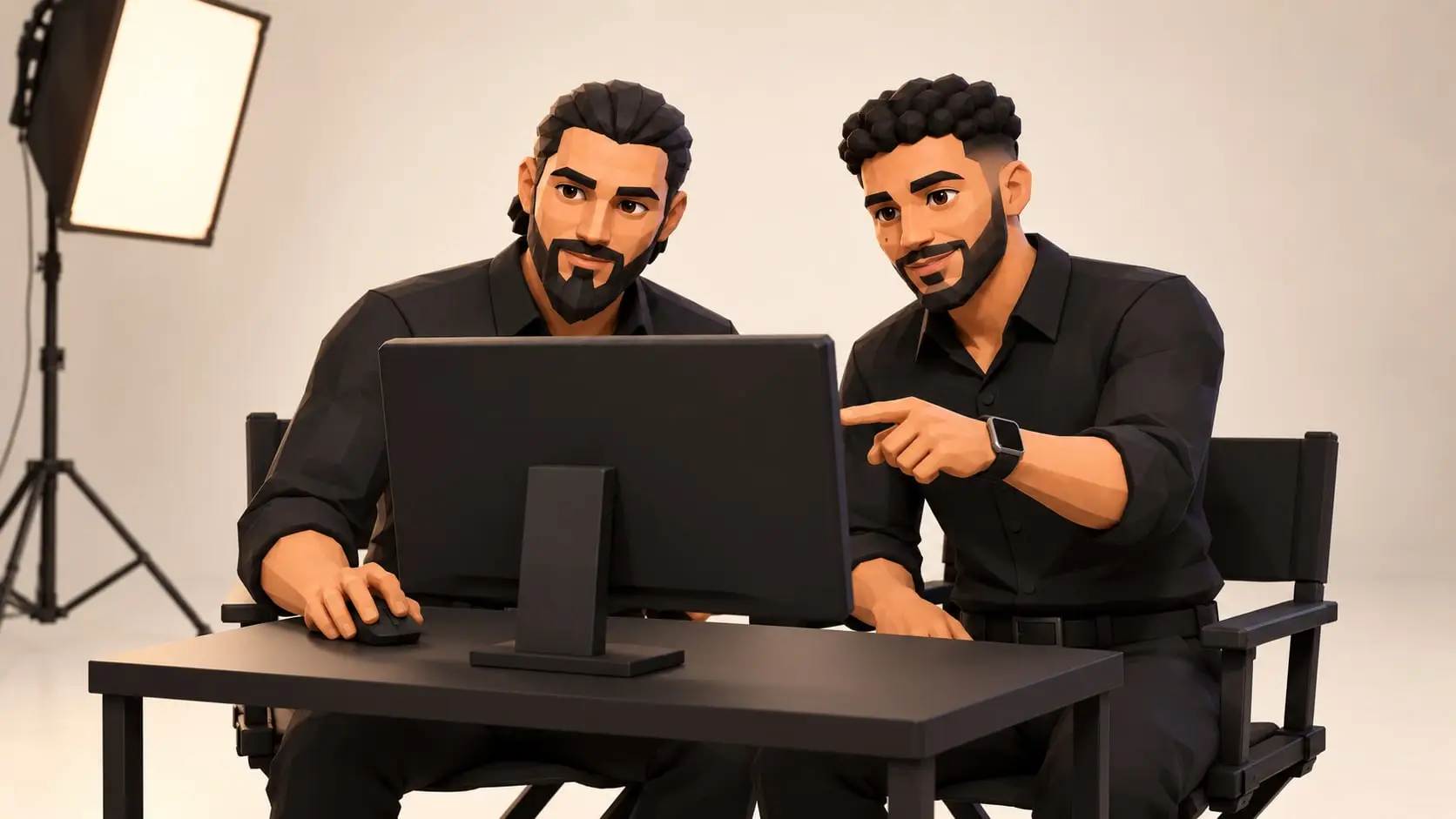 Illustration: Arif und Ramy im Schnitt vor dem Monitor